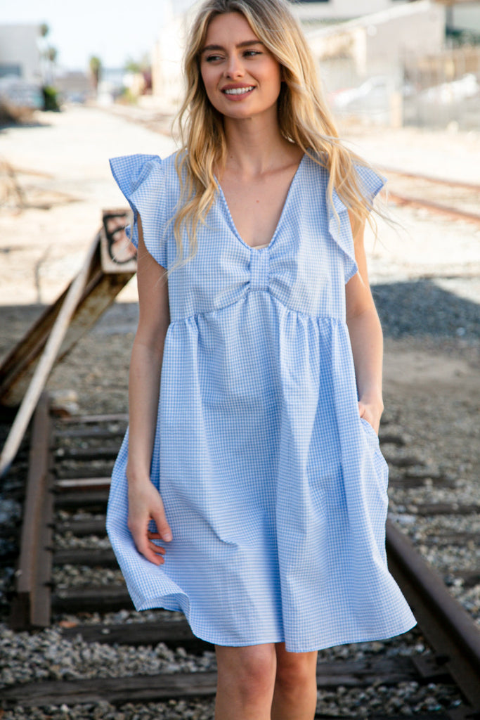Blue Bow Ruffle Short Sleeve Flutter Pocketed Dress-Dresses-Timber Brooke Boutique, Online Women's Fashion Boutique in Amarillo, Texas