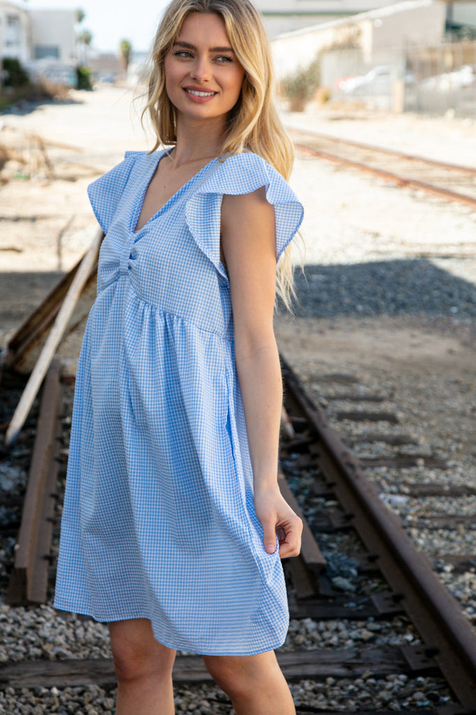Blue Bow Ruffle Short Sleeve Flutter Pocketed Dress-Dresses-Timber Brooke Boutique, Online Women's Fashion Boutique in Amarillo, Texas