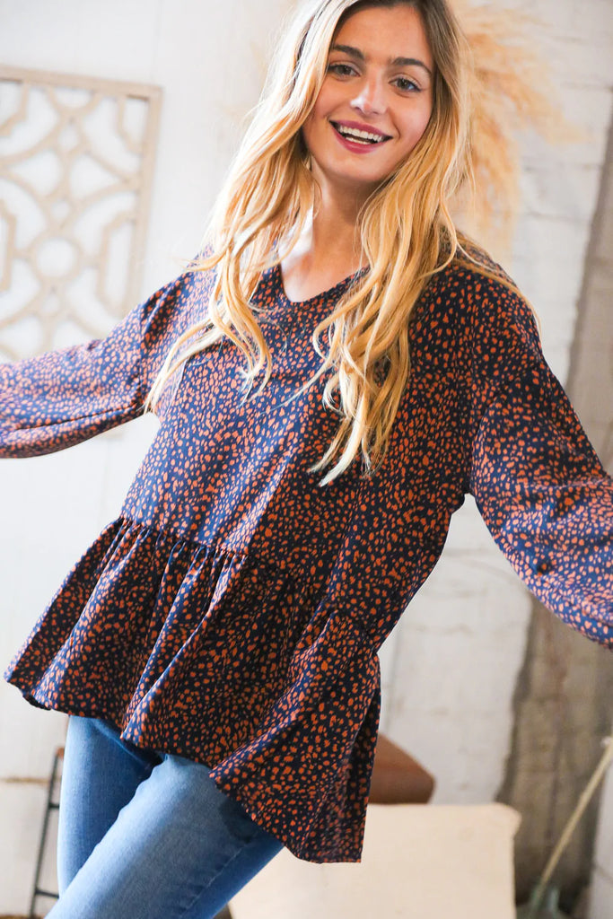 Navy & Rust Leopard Woven Babydoll Top-Timber Brooke Boutique, Online Women's Fashion Boutique in Amarillo, Texas