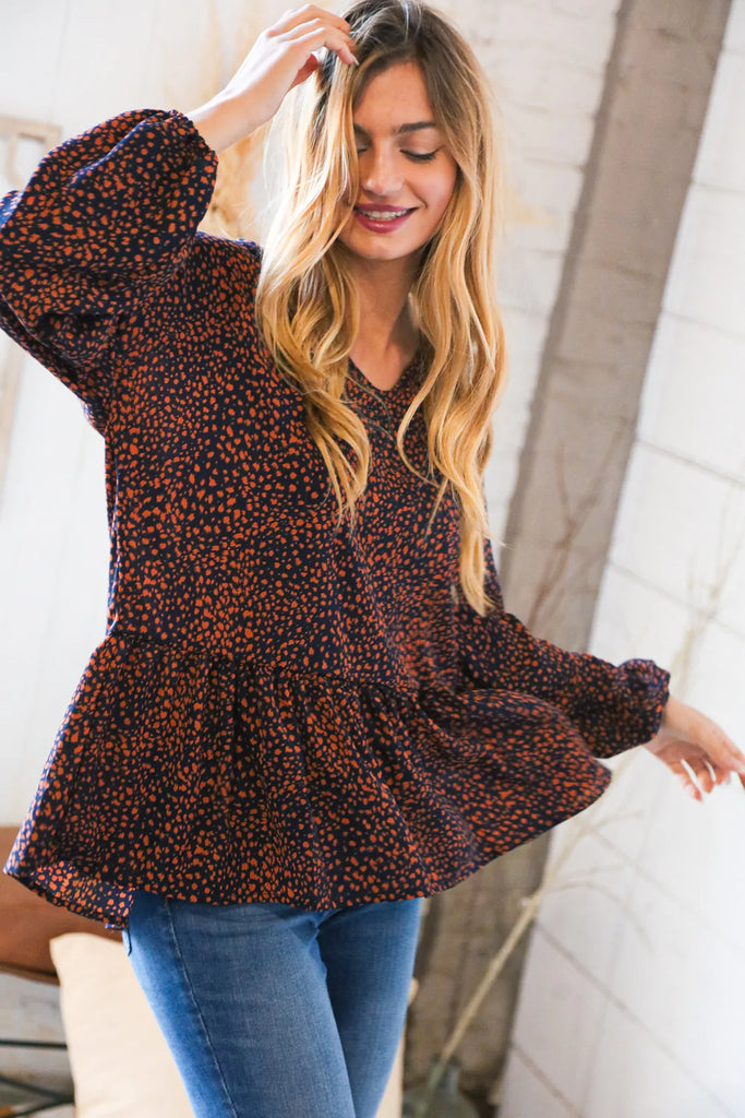 Navy & Rust Leopard Woven Babydoll Top-Timber Brooke Boutique, Online Women's Fashion Boutique in Amarillo, Texas
