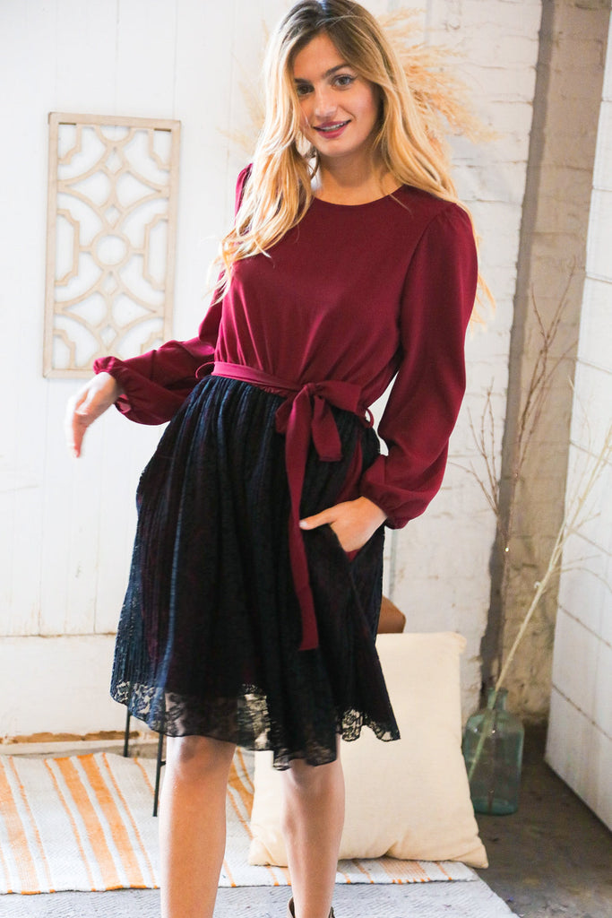 Maroon & Black Lace Overlay Sash Tie Dress-Timber Brooke Boutique, Online Women's Fashion Boutique in Amarillo, Texas