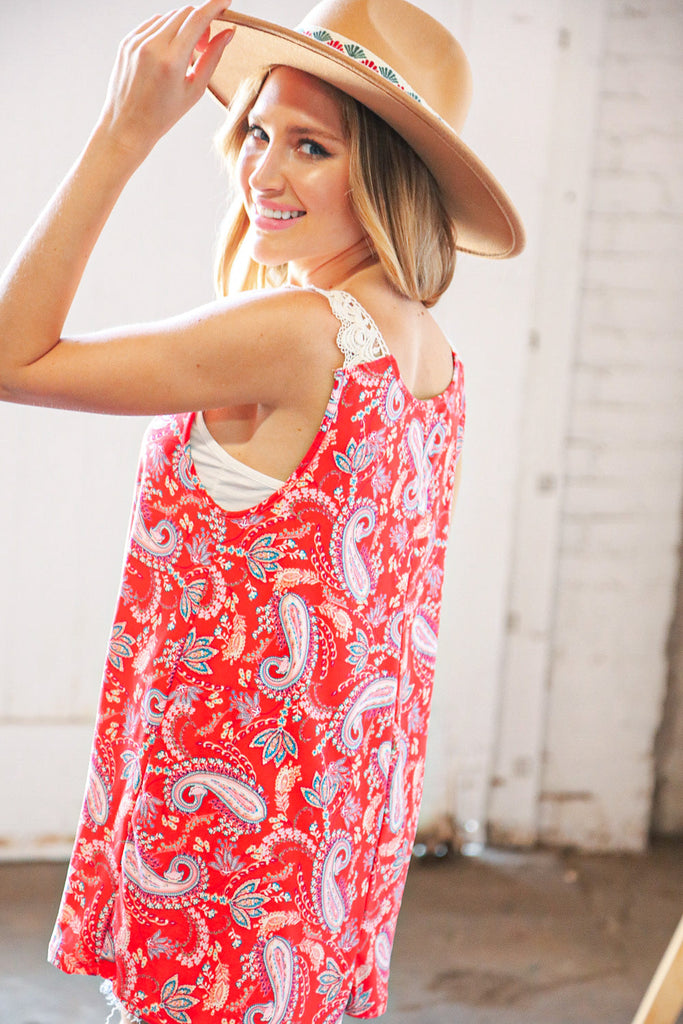 Coral Paisley Scallop Crochet Strap Tank Top-Timber Brooke Boutique, Online Women's Fashion Boutique in Amarillo, Texas