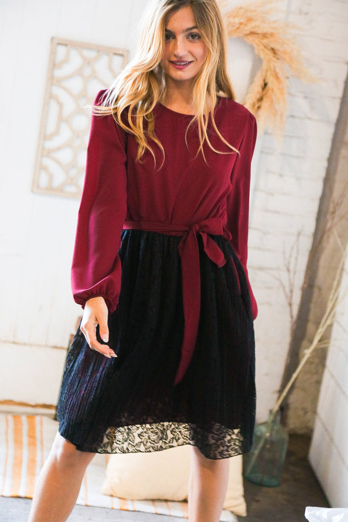 Maroon & Black Lace Overlay Sash Tie Dress-Timber Brooke Boutique, Online Women's Fashion Boutique in Amarillo, Texas
