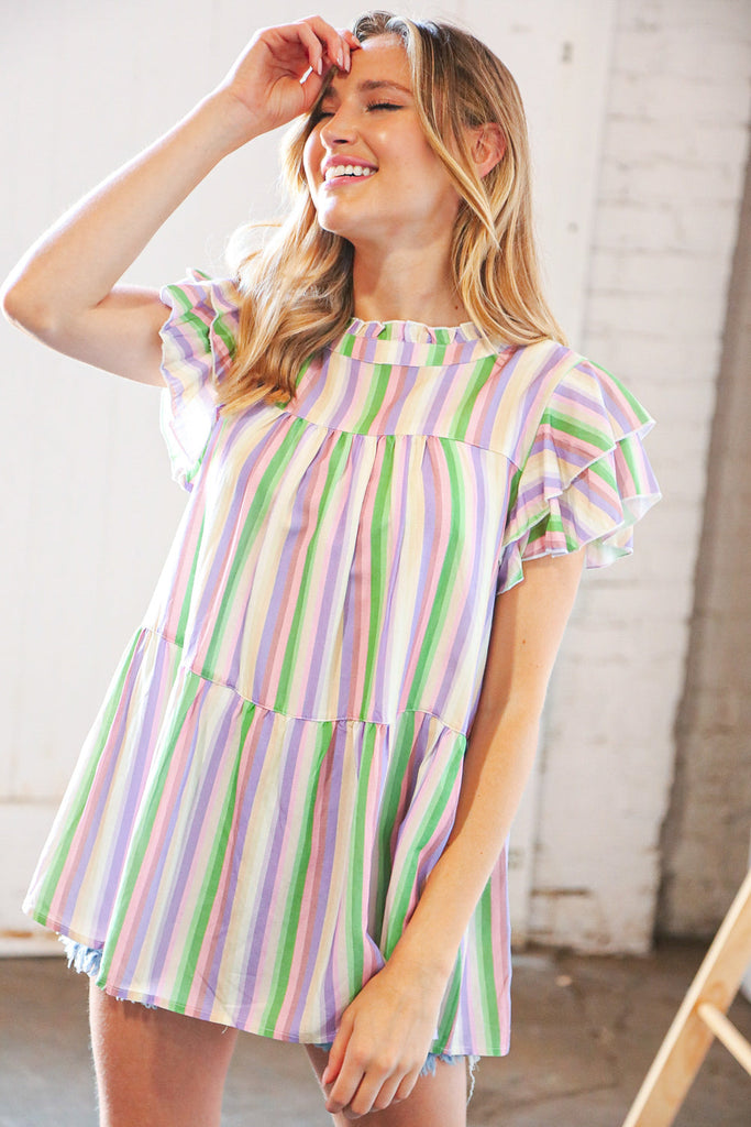 Multi Stripe Double Ruffle Sleeve Frill Tiered Top-Short Sleeve Top-Timber Brooke Boutique, Online Women's Fashion Boutique in Amarillo, Texas