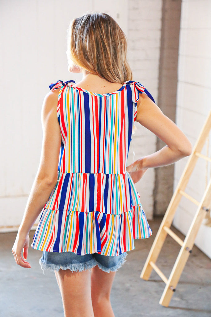 Multicolor Vertical Stripe Tie Bow Woven Top-Tank Tops-Timber Brooke Boutique, Online Women's Fashion Boutique in Amarillo, Texas