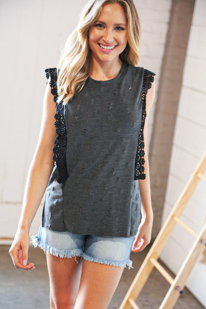 Charcoal Distressed Sleeveless Crochet Lace Top-Timber Brooke Boutique, Online Women's Fashion Boutique in Amarillo, Texas