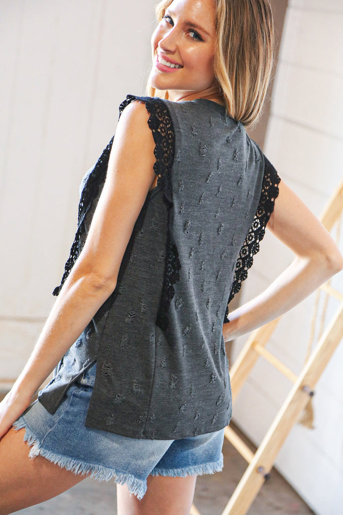 Charcoal Distressed Sleeveless Crochet Lace Top-Timber Brooke Boutique, Online Women's Fashion Boutique in Amarillo, Texas