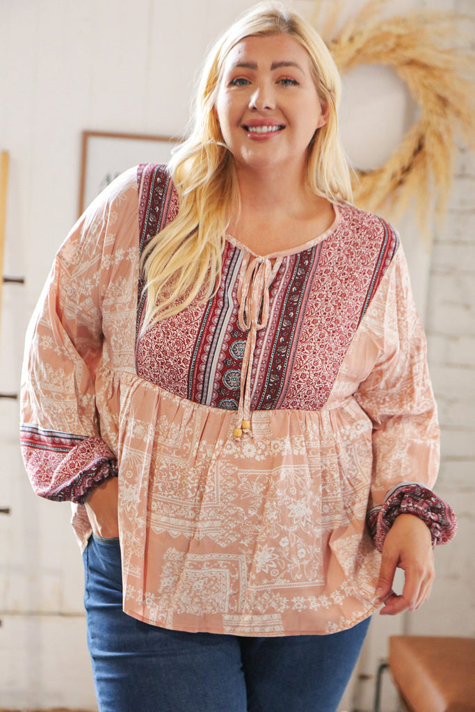 Berry Ethnic Floral Front Beaded Tie Peasant Woven Blouse-Timber Brooke Boutique, Online Women's Fashion Boutique in Amarillo, Texas