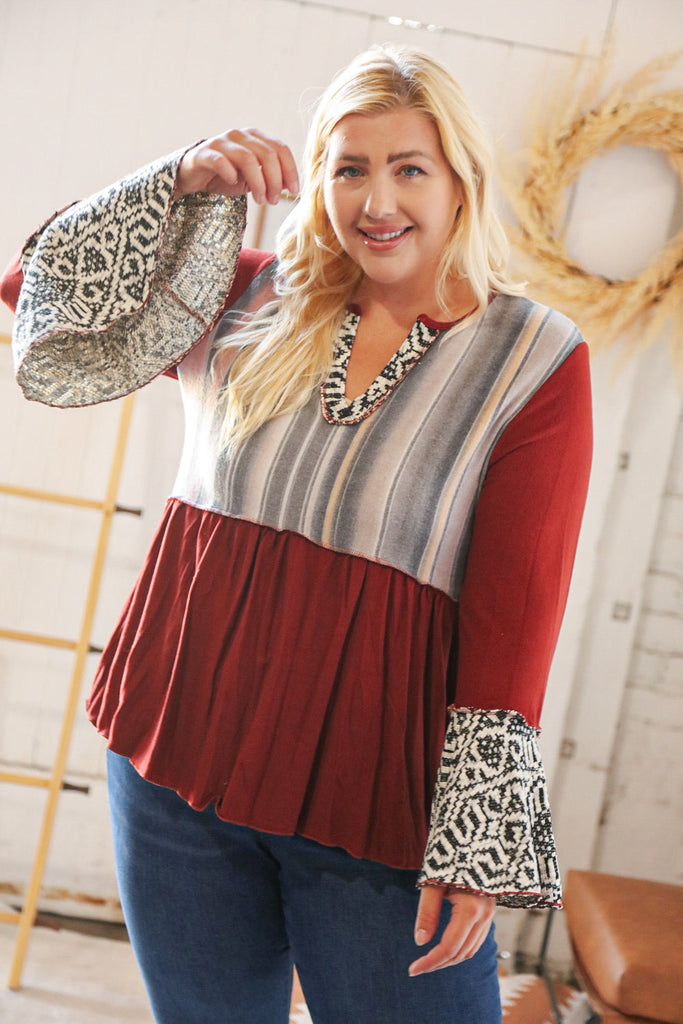 Berry Hacci Aztec Multistripe Outseam Bell Sleeve Top-Timber Brooke Boutique, Online Women's Fashion Boutique in Amarillo, Texas