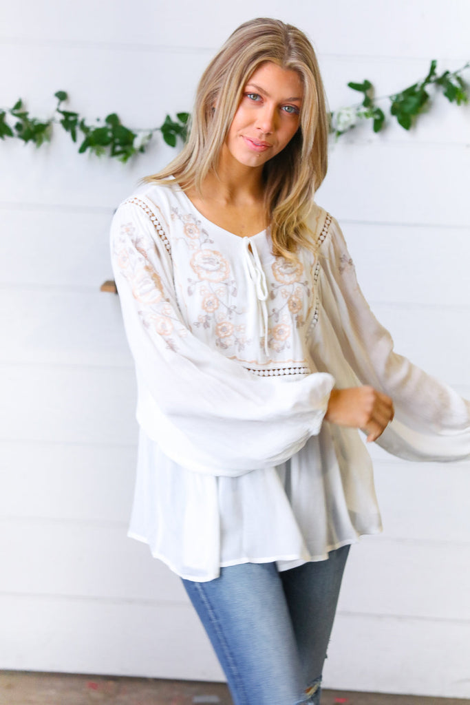 White Embroidered Tie String Peasant Top-Long Sleeve Tops-Timber Brooke Boutique, Online Women's Fashion Boutique in Amarillo, Texas