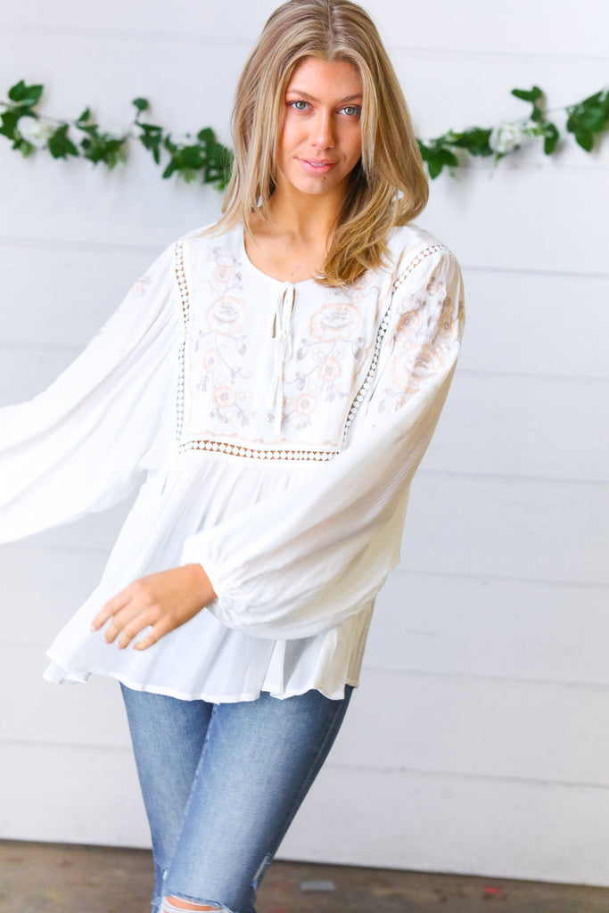 White Embroidered Tie String Peasant Top-Long Sleeve Tops-Timber Brooke Boutique, Online Women's Fashion Boutique in Amarillo, Texas