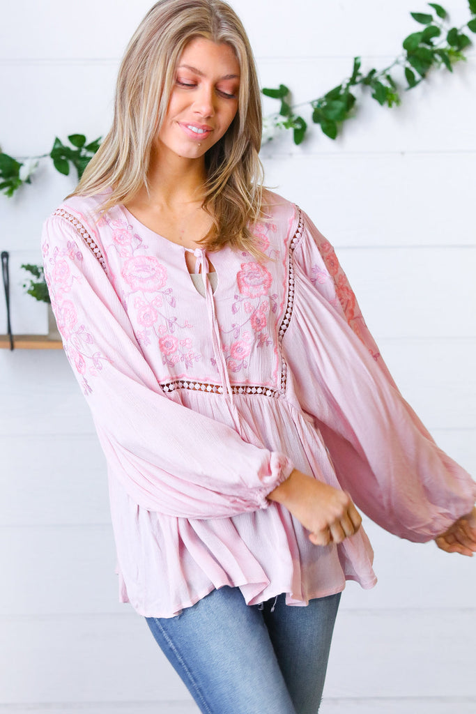 Blush Embroidered Tie String Peasant Top-Long Sleeve Tops-Timber Brooke Boutique, Online Women's Fashion Boutique in Amarillo, Texas