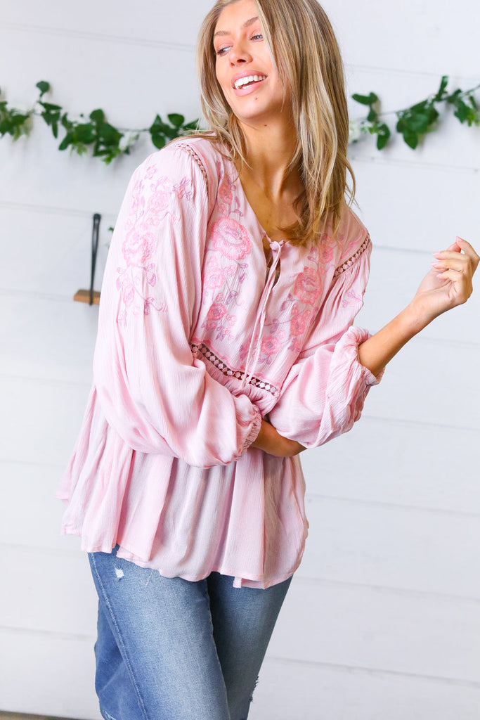 Blush Embroidered Tie String Peasant Top-Long Sleeve Tops-Timber Brooke Boutique, Online Women's Fashion Boutique in Amarillo, Texas