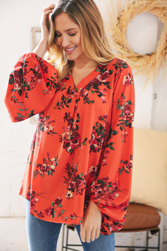 Sunset Floral V Neck Wool Dobby Top-Timber Brooke Boutique, Online Women's Fashion Boutique in Amarillo, Texas