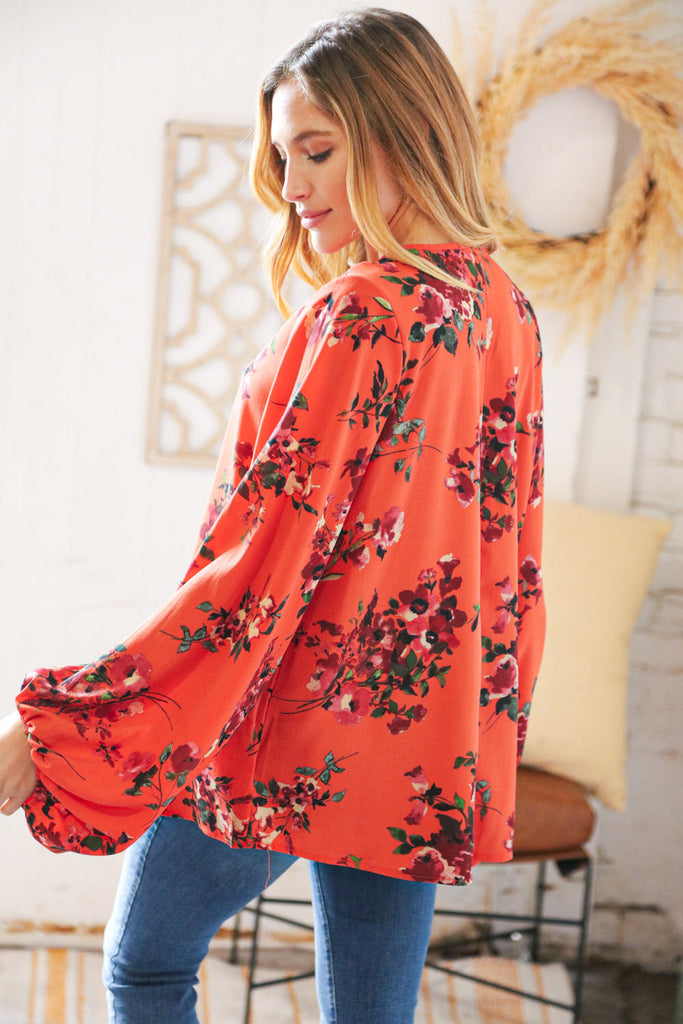 Sunset Floral V Neck Wool Dobby Top-Timber Brooke Boutique, Online Women's Fashion Boutique in Amarillo, Texas