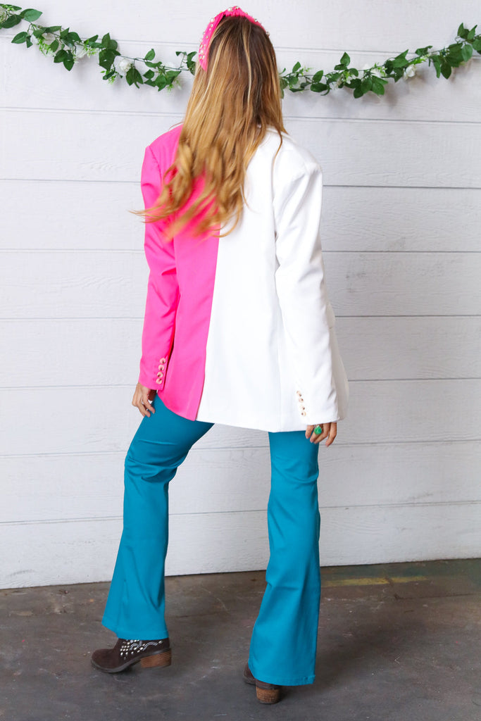 Fuchsia & Cream Silky Half & Half Buttoned Blazer-Blazers-Timber Brooke Boutique, Online Women's Fashion Boutique in Amarillo, Texas