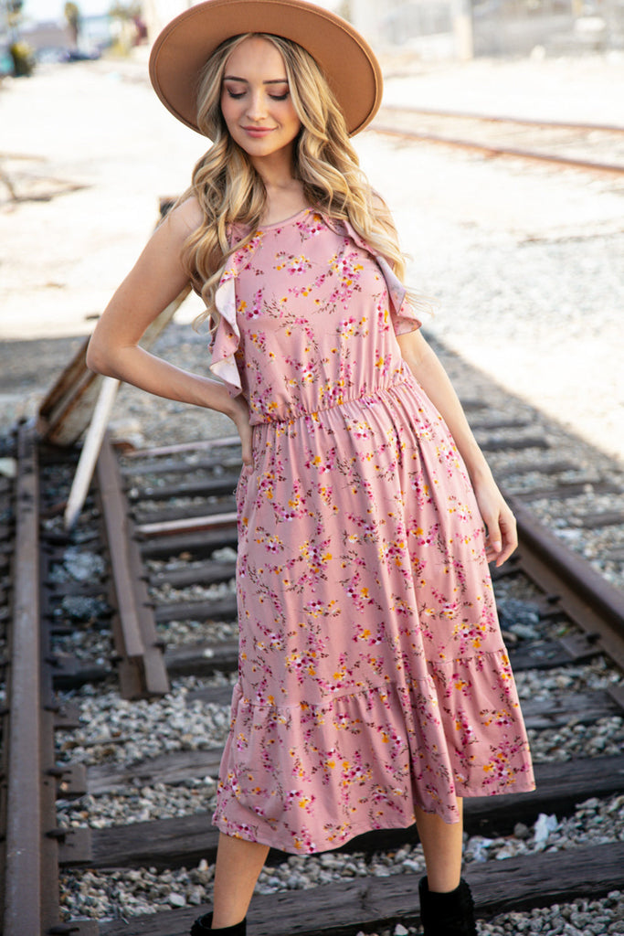 Rose Floral Halter Ruffle Hem Pocketed Midi Dress-Dresses-Timber Brooke Boutique, Online Women's Fashion Boutique in Amarillo, Texas