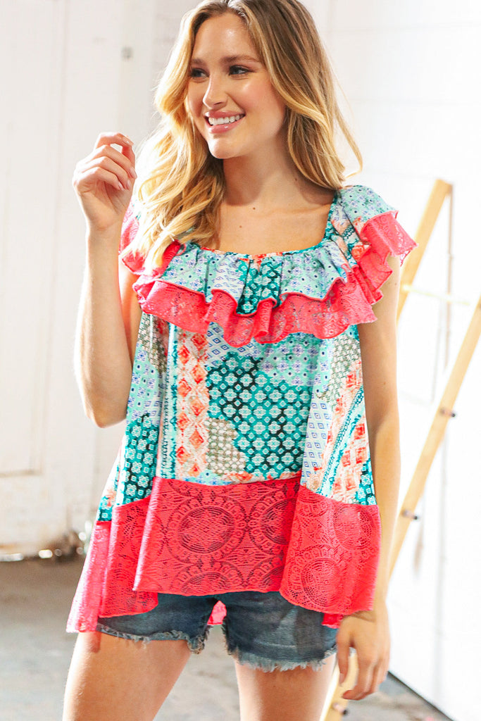 Coral Ethnic Print Lace Ruffle Hem Top-Short Sleeve Top-Timber Brooke Boutique, Online Women's Fashion Boutique in Amarillo, Texas
