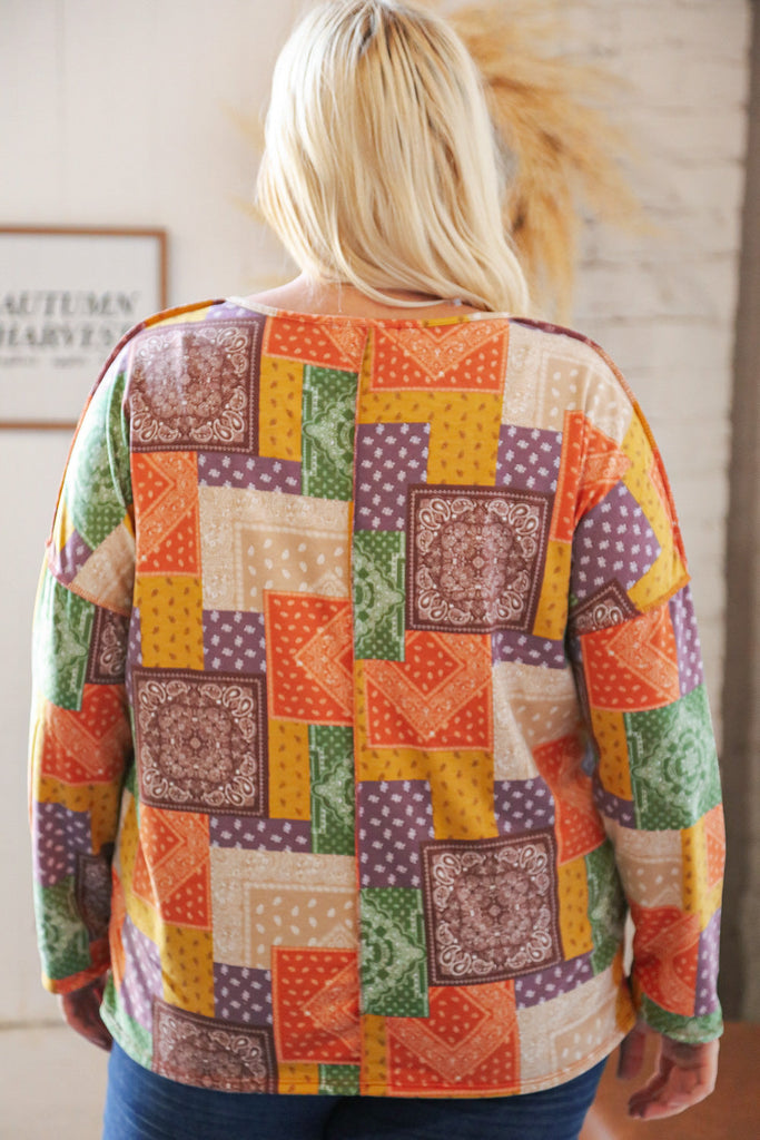 Multicolor Patchwork Button Down Terry Outseam Top-Timber Brooke Boutique, Online Women's Fashion Boutique in Amarillo, Texas