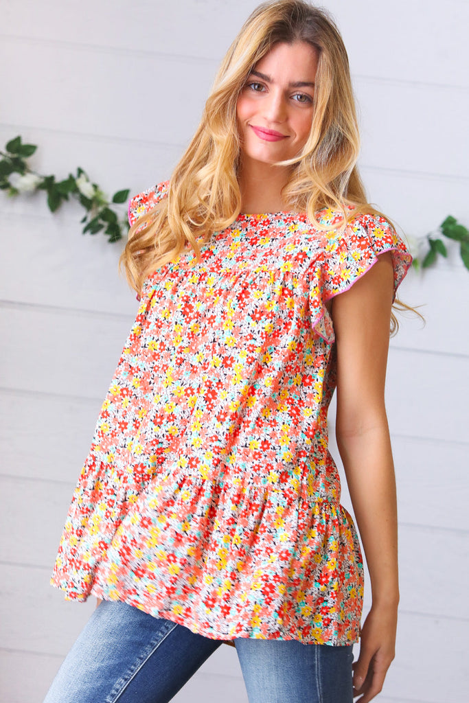Sunset Floral Print Ruffle Tiered Keyhole Top-Timber Brooke Boutique, Online Women's Fashion Boutique in Amarillo, Texas
