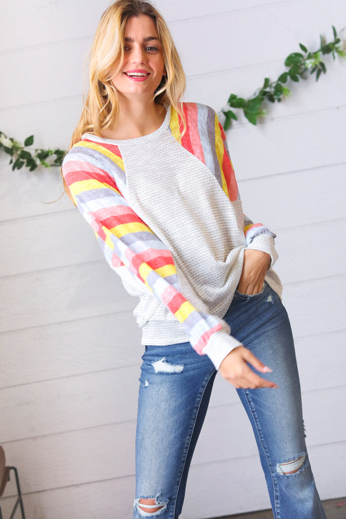 Grey Two Tone Multi Color Stripe Raglan Top-Long Sleeve Tops-Timber Brooke Boutique, Online Women's Fashion Boutique in Amarillo, Texas