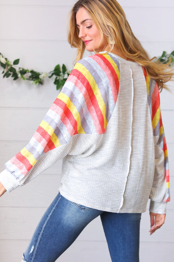 Grey Two Tone Multi Color Stripe Raglan Top-Long Sleeve Tops-Timber Brooke Boutique, Online Women's Fashion Boutique in Amarillo, Texas