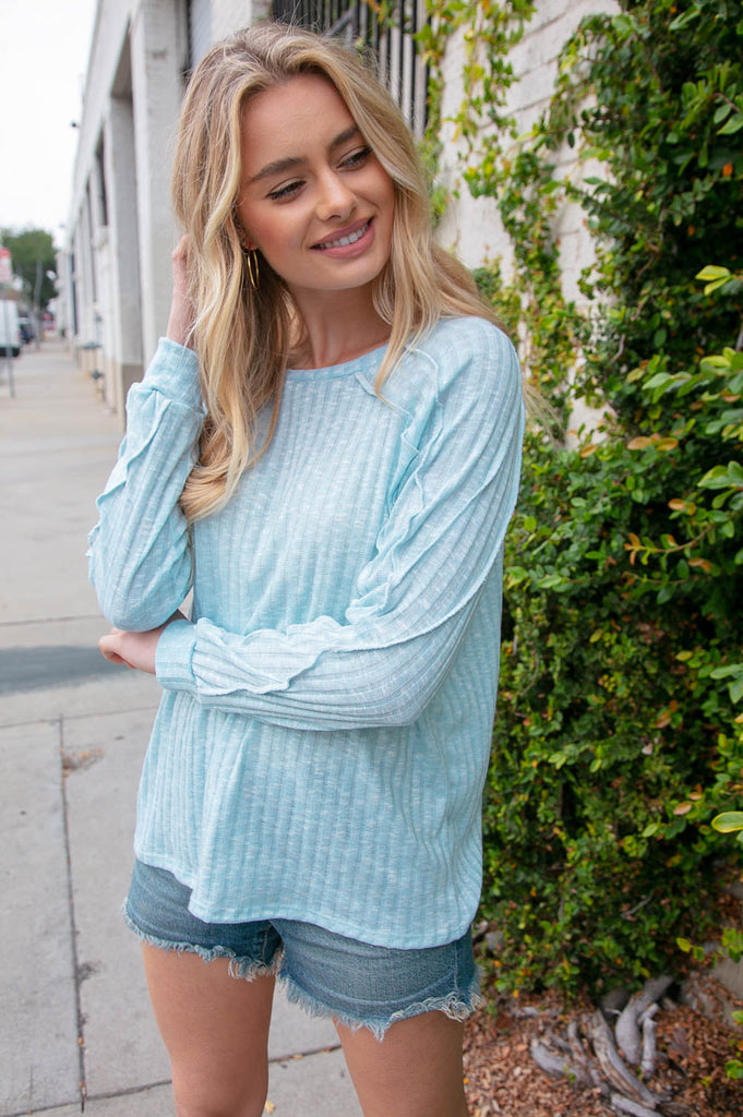Sky Blue Rib Overlock Reverse Stitch Top-Timber Brooke Boutique, Online Women's Fashion Boutique in Amarillo, Texas