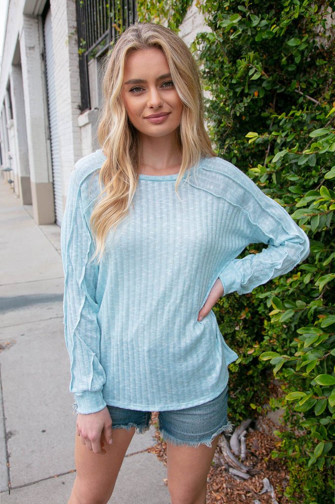 Sky Blue Rib Overlock Reverse Stitch Top-Timber Brooke Boutique, Online Women's Fashion Boutique in Amarillo, Texas
