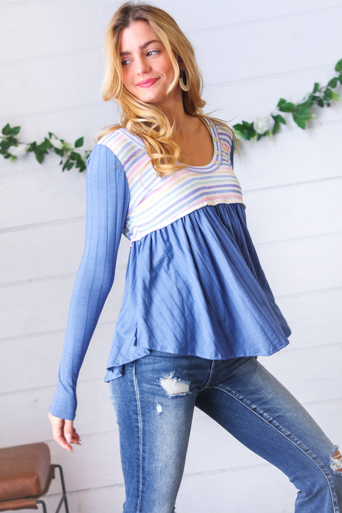 Multicolor Stripe Rib Knit V Neck Babydoll Top-Timber Brooke Boutique, Online Women's Fashion Boutique in Amarillo, Texas