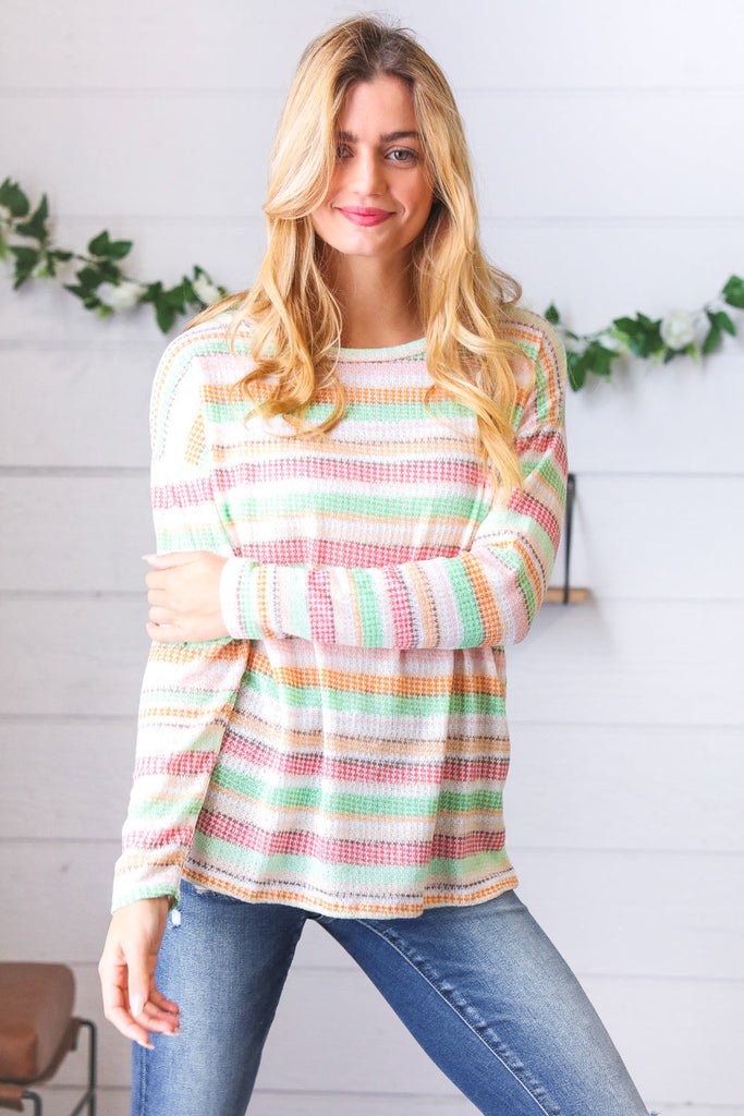 Green Apple & Tangerine Textured Vintage Stripe Top-Timber Brooke Boutique, Online Women's Fashion Boutique in Amarillo, Texas