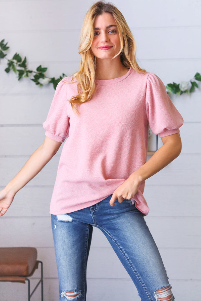 Baby Pink Puff Sleeve Two Tone Sweater Top-Timber Brooke Boutique, Online Women's Fashion Boutique in Amarillo, Texas