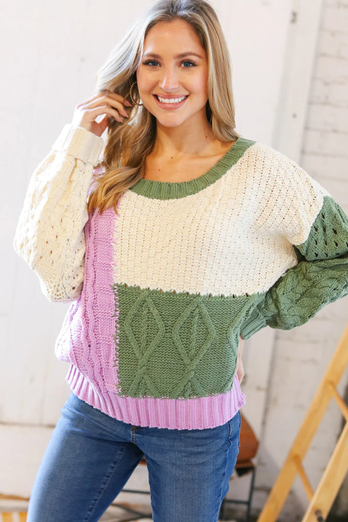 Ivory & Green Colorblock Cable Knit Sweater-Timber Brooke Boutique, Online Women's Fashion Boutique in Amarillo, Texas