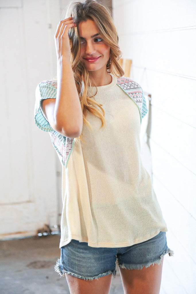 Oatmeal Two Tone Ethnic Outseam Color Block Top-Short Sleeve Top-Timber Brooke Boutique, Online Women's Fashion Boutique in Amarillo, Texas