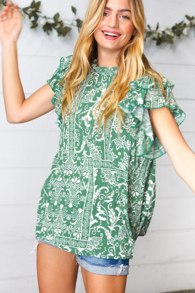 Boho Floral Mock Neck Double Flutter Sleeve Woven Top-Short Sleeve Top-Timber Brooke Boutique, Online Women's Fashion Boutique in Amarillo, Texas