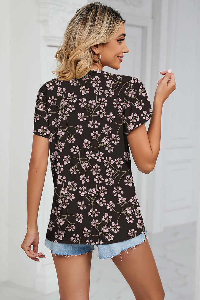 Floral V-Neck Short Sleeve T-Shirt-Timber Brooke Boutique, Online Women's Fashion Boutique in Amarillo, Texas