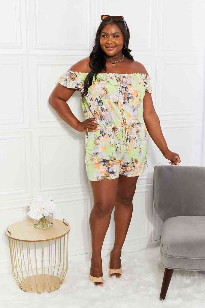 Sew In Love Full Size Pure Delight Floral Off-Shoulder Romper-Timber Brooke Boutique, Online Women's Fashion Boutique in Amarillo, Texas