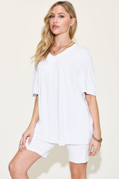 Basic Bae Full Size V-Neck Drop Shoulder Short Sleeve T-Shirt and Shorts Set-Timber Brooke Boutique, Online Women's Fashion Boutique in Amarillo, Texas