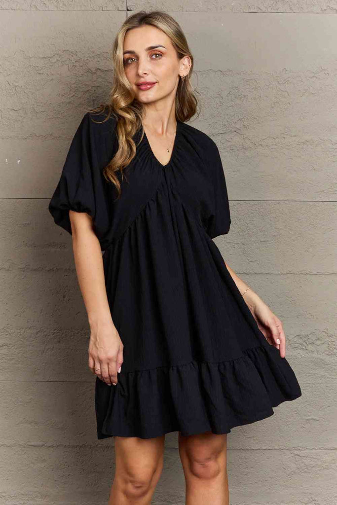 Hailey & Co Comfort Cutie Double V-Neck Puff Sleeve Mini Dress-Dresses-Timber Brooke Boutique, Online Women's Fashion Boutique in Amarillo, Texas