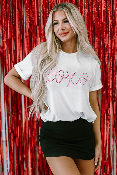 XOXO Rhinestone Round Neck Short Sleeve T-Shirt-Timber Brooke Boutique, Online Women's Fashion Boutique in Amarillo, Texas