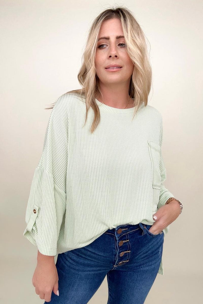 Corded Knit Roll-Tab Sleeve Oversize Top-Blouses-Timber Brooke Boutique, Online Women's Fashion Boutique in Amarillo, Texas