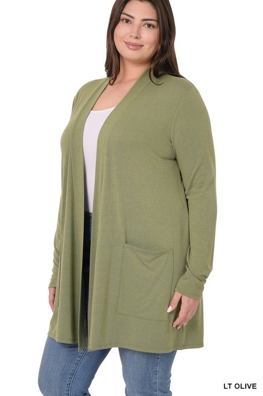 PLUS SLOUCHY POCKET OPEN CARDIGAN-Timber Brooke Boutique, Online Women's Fashion Boutique in Amarillo, Texas