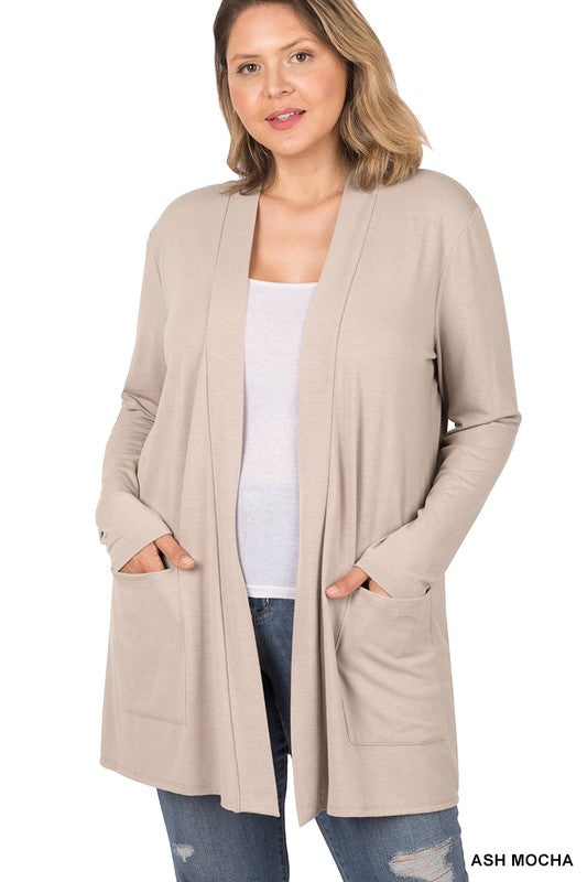 PLUS SLOUCHY POCKET OPEN CARDIGAN-Timber Brooke Boutique, Online Women's Fashion Boutique in Amarillo, Texas