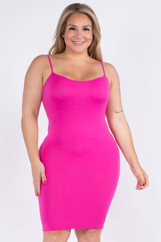 Women's Long Cami Spaghetti Strap Seamless Tank Top, Neon Pink, Plus Size