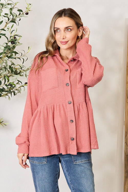 Heimish Full Size Waffle-Knit Button Down Blouse-Timber Brooke Boutique, Online Women's Fashion Boutique in Amarillo, Texas