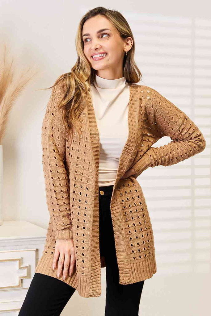 Woven Right Openwork Horizontal Ribbing Open Front Cardigan-Timber Brooke Boutique, Online Women's Fashion Boutique in Amarillo, Texas