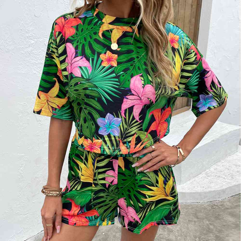 Floral Print Round Neck Dropped Shoulder Half Sleeve Top and Shorts Set-Timber Brooke Boutique, Online Women's Fashion Boutique in Amarillo, Texas
