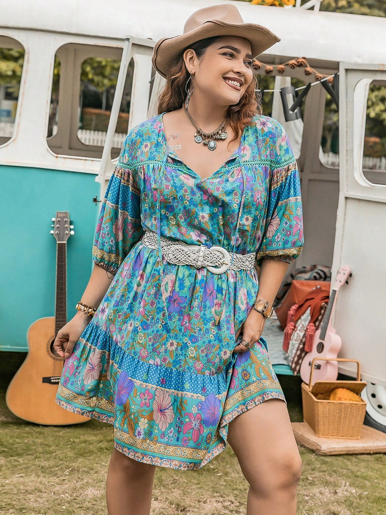 Plus Size Printed Tie Neck Mini Dress-Timber Brooke Boutique, Online Women's Fashion Boutique in Amarillo, Texas