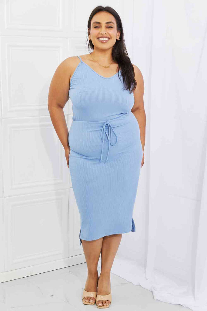 Capella Flatter Me Full Size Ribbed Front Tie Midi Dress in Pastel Blue-Timber Brooke Boutique, Online Women's Fashion Boutique in Amarillo, Texas