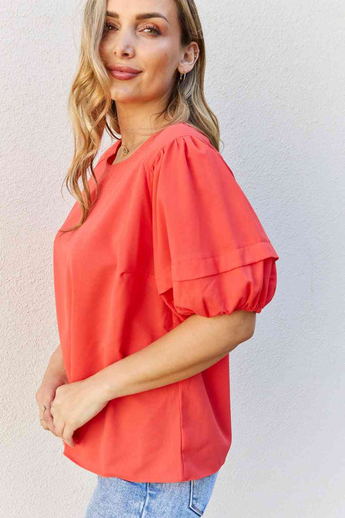 Petal Dew Sweet Innocence Full Size Puff Short Sleeve Top In Tomato-Timber Brooke Boutique, Online Women's Fashion Boutique in Amarillo, Texas