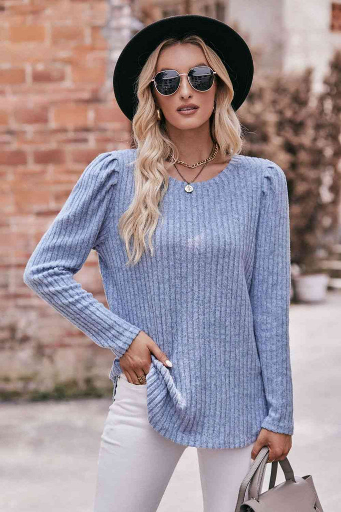 Double Take Round Neck Puff Sleeve Ribbed Top-Timber Brooke Boutique, Online Women's Fashion Boutique in Amarillo, Texas